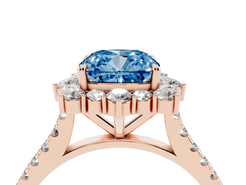 Cushion Cut Scalloped Halo Engagement Ring Setting for a Fancy Blue Lab-Grown Diamond | Single Row Pave | Rose Gold