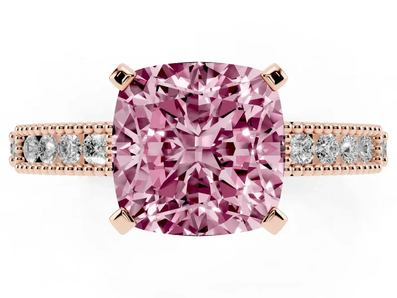 Fancy Pink Cushion Cut Diamond Solitaire Ring Set in Rose gold with Slim Pavé Band and Prong Setting