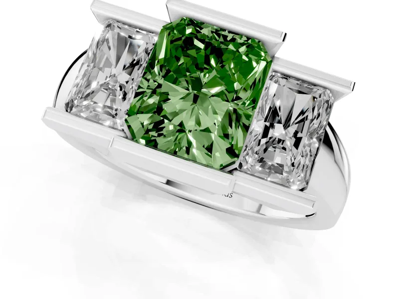 Radiant Cut Channel-Set Three Stone Engagement Ring Setting for a Fancy Green Lab-Grown Diamond | Platinum