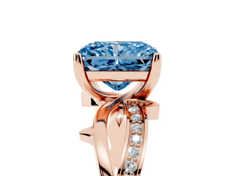 Fancy Blue Radiant Cut Diamond Pavé Twist Band Solitaire Ring Set in Rose gold with Prong Setting