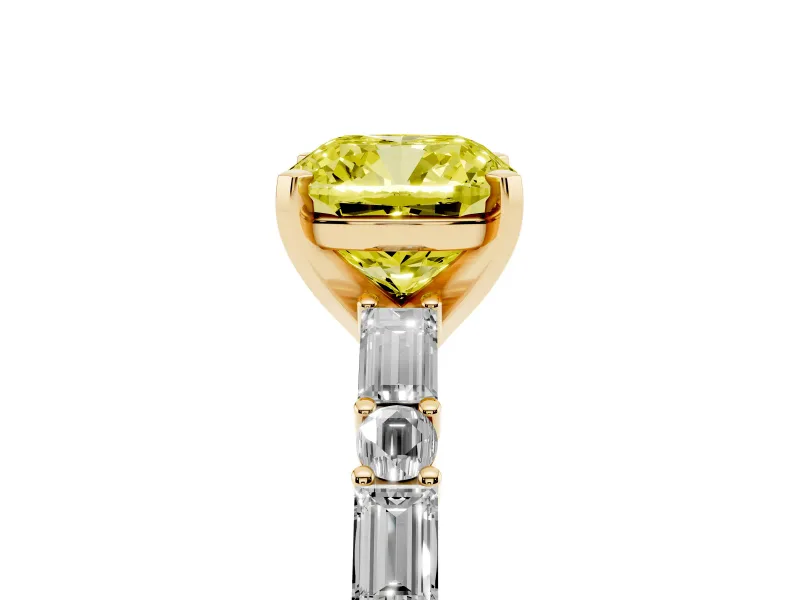 Cushion Cut Baguette Side Stone Engagement Ring Setting for a Fancy Yellow Lab-Grown Diamond | Yellow Gold