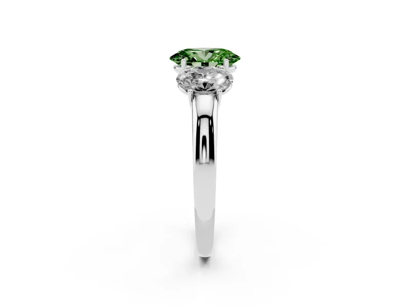 Fancy Green Oval Cut Diamond Three-Stone Ring Set in White gold with Bold Center and Classic Band