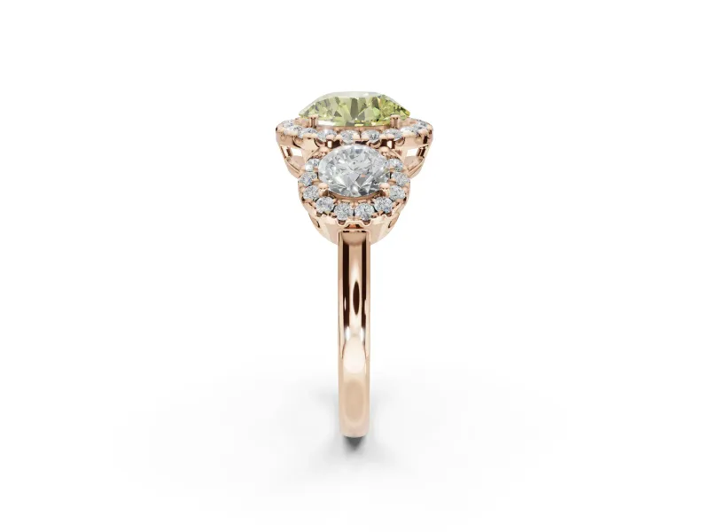 Round Three Stone Halo Engagement Ring Setting for a Fancy Yellow Lab-Grown Diamond | Rose Gold