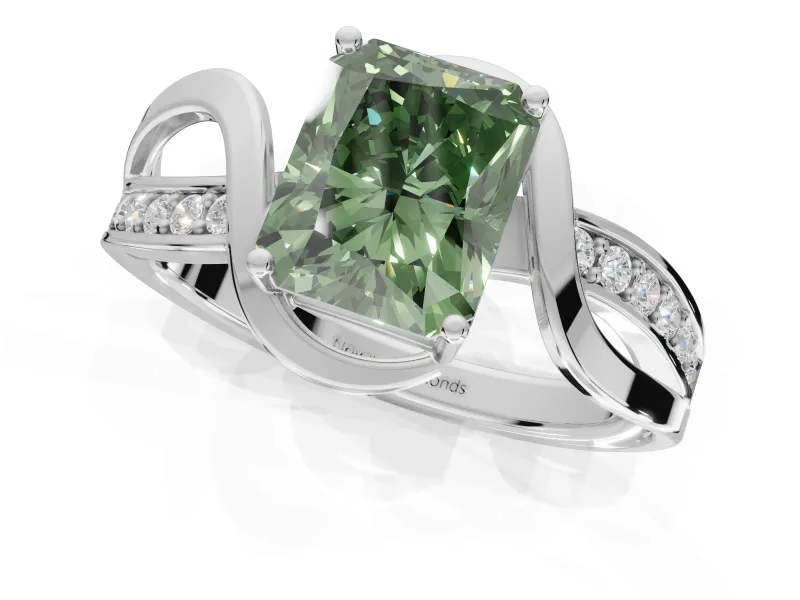 Radiant Cut Bypass Solitaire Engagement Ring Setting for a Fancy Green Lab-Grown Diamond | Pavé Strands | White Gold