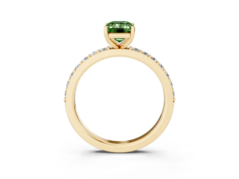 Fancy Green Emerald Cut Diamond Solitaire Set in Yellow gold with Round Pavé Band and Prong Setting