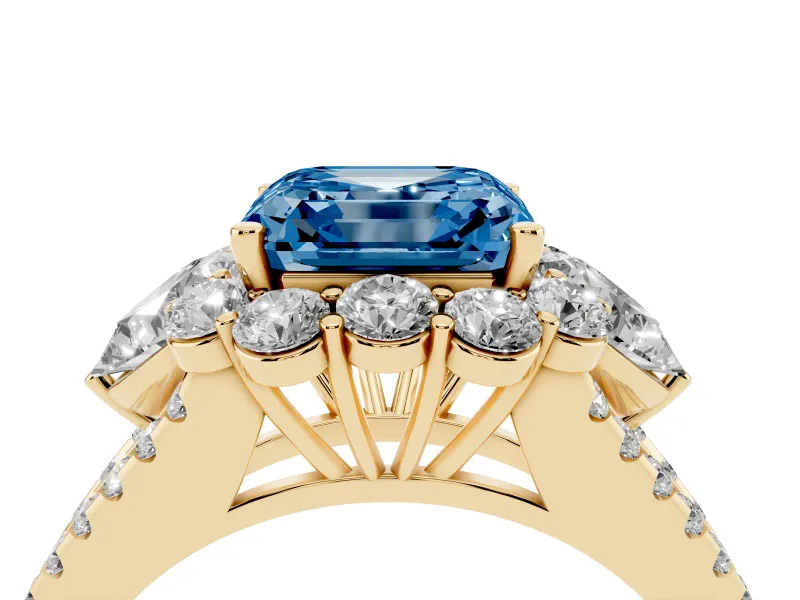 Fancy Blue Asscher Cut Diamond Halo Split Shank Engagement Ring Set in Yellow gold with Prong-Held Center Stone