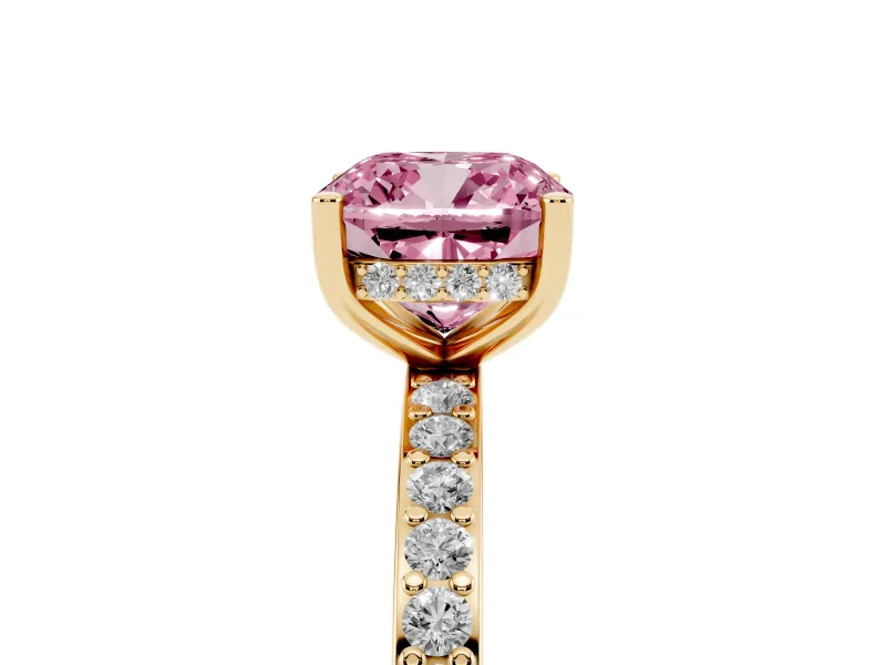 Cushion Cut Hidden Halo Engagement Ring Setting for a Fancy Pink Lab-Grown Diamond | Yellow Gold