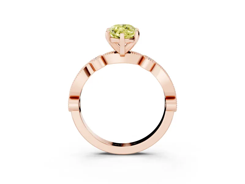 Fancy Yellow Marquise Cut Diamond Solitaire Engagement Ring Set in Rose gold with Milgrain Bezel Accent Band