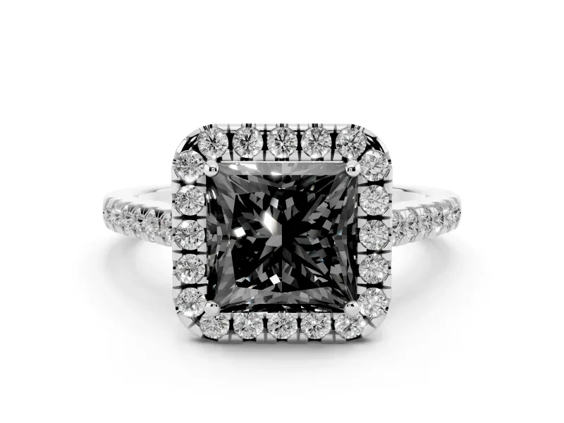 Fancy Black Princess Cut Diamond Halo Pavé Engagement Ring Set in White gold with Prong Setting