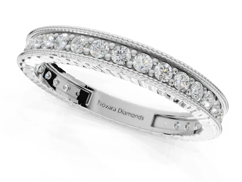 Round Lab-Grown Diamond Milgrain Pavé Eternity Band | Carved Side Walls | White Gold