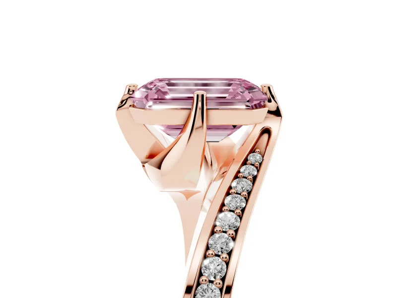 Emerald Cut Bypass Pavé Solitaire Engagement Ring Setting for a Fancy Pink Lab-Grown Diamond | Angled Head | Rose Gold