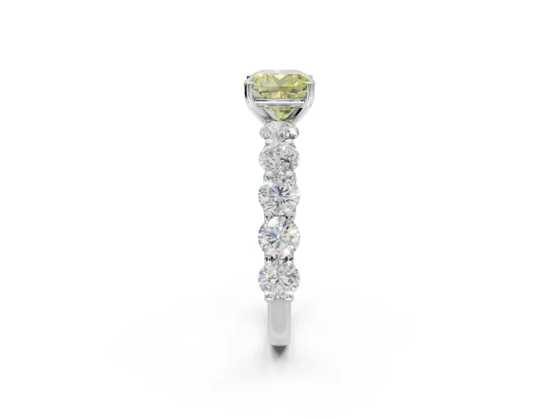 Cushion Cut Side Stone Engagement Ring Setting for a Fancy Yellow Lab-Grown Diamond | Scalloped Prong Accents | Platinum