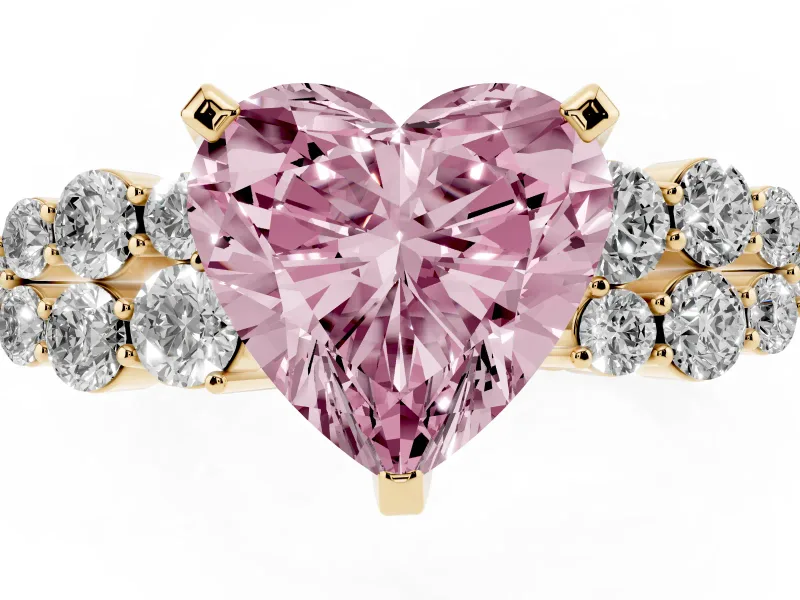 Fancy Pink Heart Cut Diamond Cluster Engagement Ring Set in Yellow gold with Pavé Band and Prong Setting