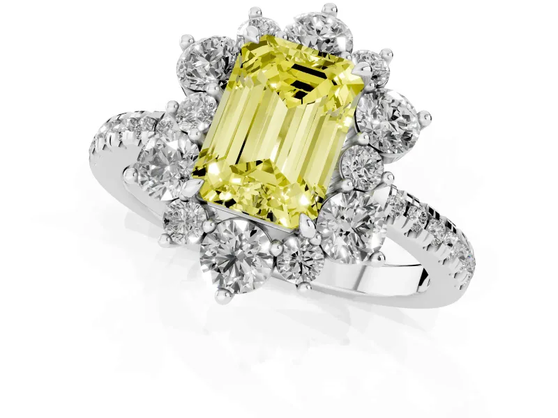 Fancy Yellow Emerald Cut Diamond Floral Halo Ring Set in White gold with Round Pavé Band and Prong Setting