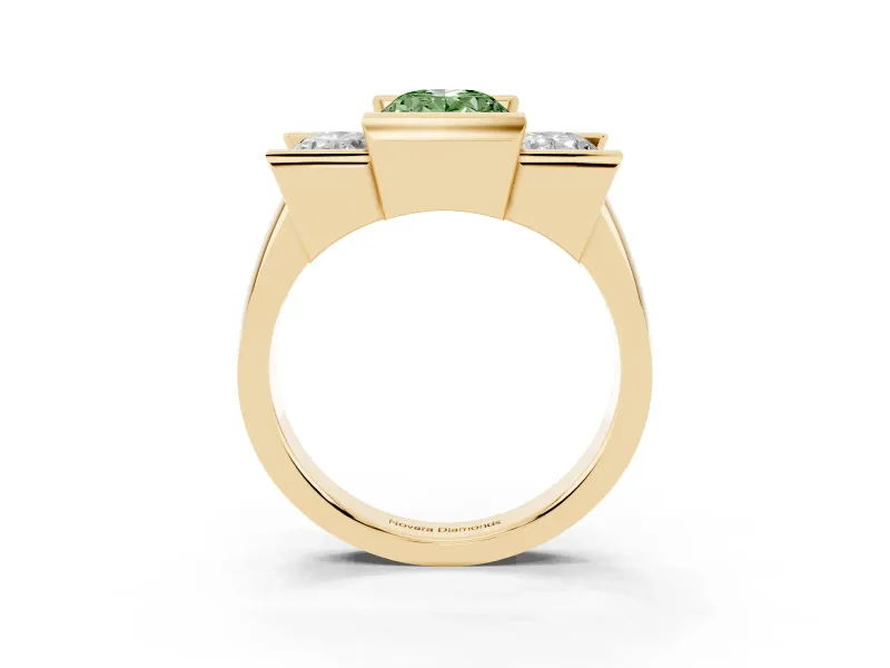 Fancy Green Oval Cut Diamond Three-Stone Channel Set Ring Set in Yellow gold with Smooth Polished Band