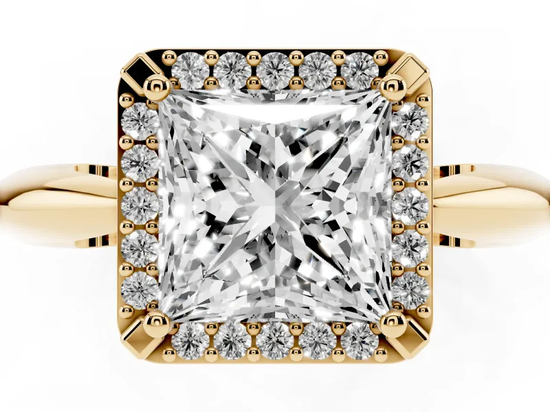 Princess Cut Diamond Halo Engagement Ring Set in Yellow gold with Plain Split Shank and Prong Setting