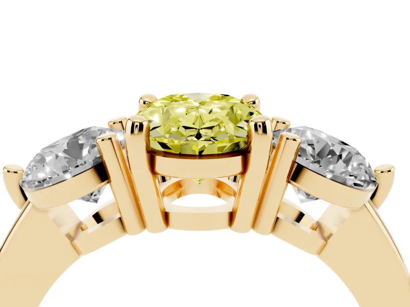 Fancy Yellow Oval Cut Diamond Three-Stone Ring Set in Yellow gold with Prong Setting and Classic Band