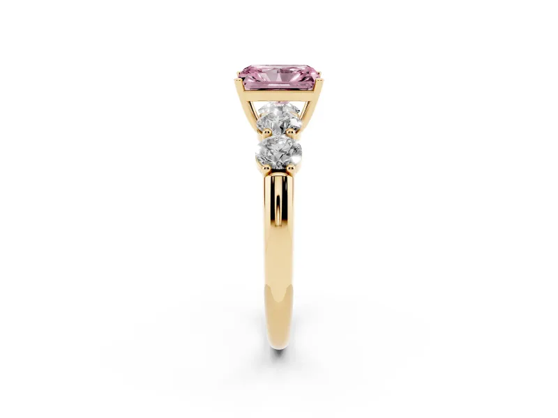 Radiant Cut Five Stone Engagement Ring Setting for a Fancy Pink Lab-Grown Diamond | Prong Set Side Stones | Yellow Gold