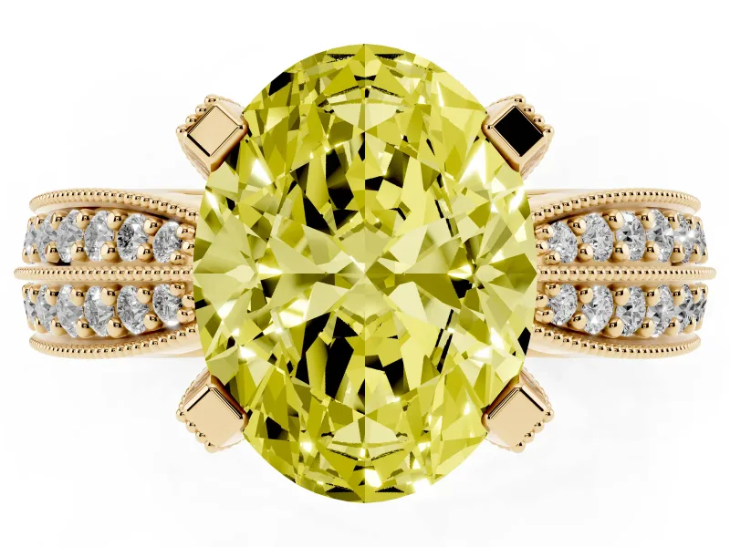 Fancy Yellow Oval Cut Diamond Solitaire Ring Set in Yellow gold with Milgrain Double Row Round Pavé Band