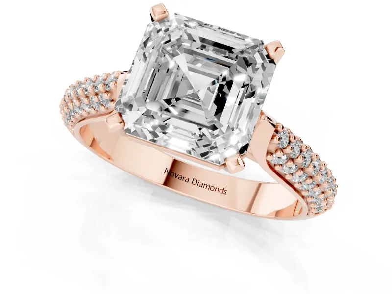 Asscher Cut Diamond Solitaire Engagement Ring Set in Rose gold with Multi-Row Round Pavé Band and Prong Setting