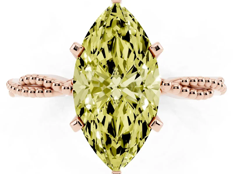 Fancy Yellow Marquise Cut Diamond Solitaire Ring Set in Rose gold with Twisted Band and Bead Prong Setting