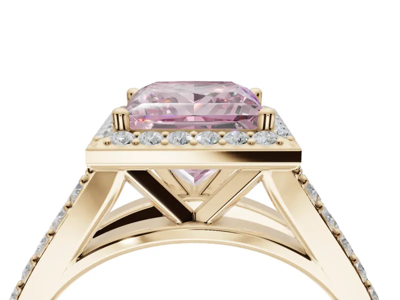 Princess Cut Halo Pavé Engagement Ring Setting for a Fancy Pink Lab-Grown Diamond | Narrow Split Shank | Yellow Gold