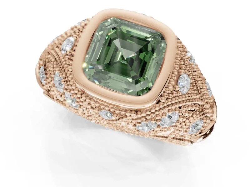 Asscher Cut Vintage Bezel Engagement Ring Setting for a Fancy Green Lab-Grown Diamond | Rose Gold