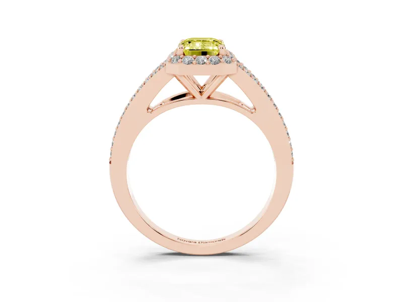 Emerald Cut Halo Engagement Ring Setting for a Fancy Yellow Lab-Grown Diamond | V-Split Pavé Band | Rose Gold