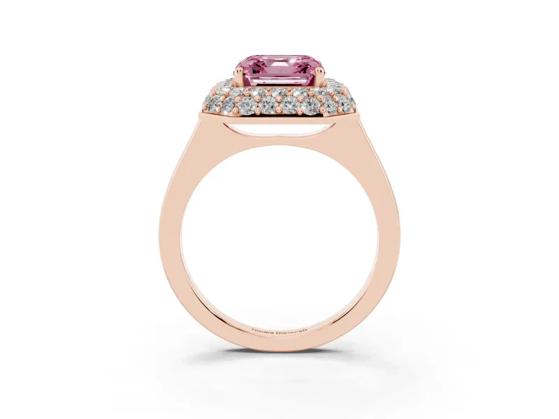 Asscher Cut Pave Halo Engagement Ring Setting for a Fancy Pink Lab-Grown Diamond | Slim Plain Band | Rose Gold