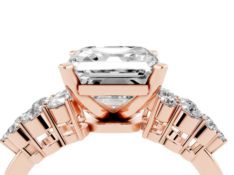 Asscher Cut Diamond Cluster Engagement Ring Set in Rose gold with Pavé Band and Prong Setting