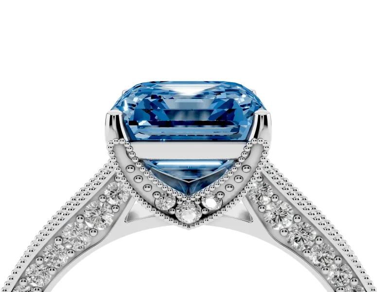 Asscher Cut Hidden Halo Engagement Ring Setting for a Fancy Blue Lab-Grown Diamond | Milgrain Pave | Platinum