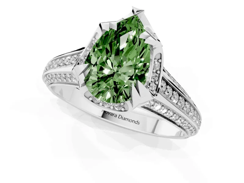 Fancy Green Pear Cut Diamond Pavé Split Shank Solitaire Ring Set in White gold with Prong Setting