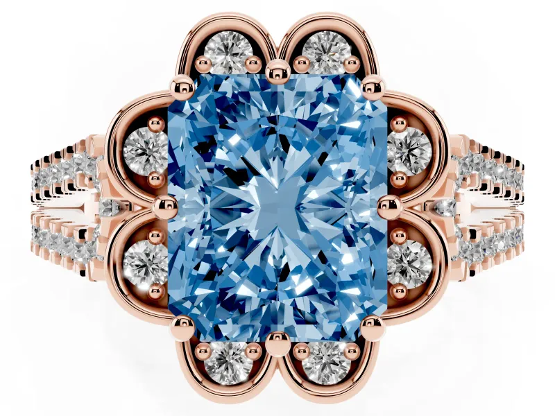 Radiant Cut Floral Halo Engagement Ring Setting for a Fancy Blue Lab-Grown Diamond | Pavé Split Shank | Rose Gold