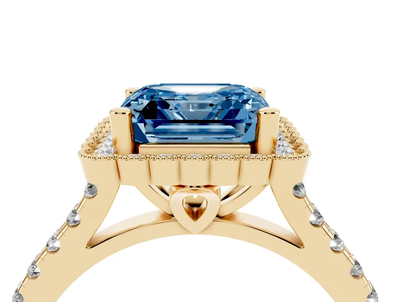 Fancy Blue Asscher Cut Diamond Milgrain Floral Halo Engagement Ring Set in Yellow gold with Pavé Band