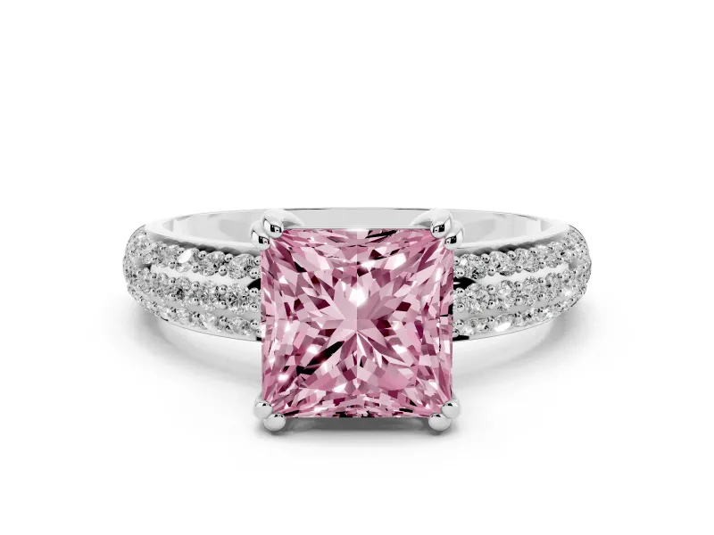 Fancy Pink Princess Cut Diamond Solitaire Ring Set in White gold with Multi-Row Round Pavé Band and Prong Setting