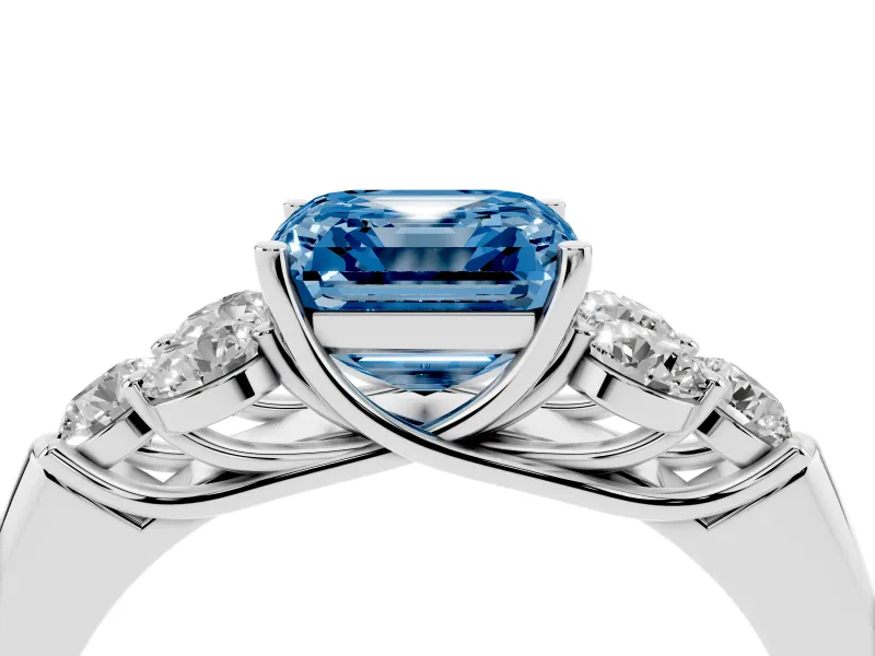 Fancy Blue Asscher Cut Diamond Cluster Ring Set in White gold with Round Accent Stones and Prong Setting on a Plain Band