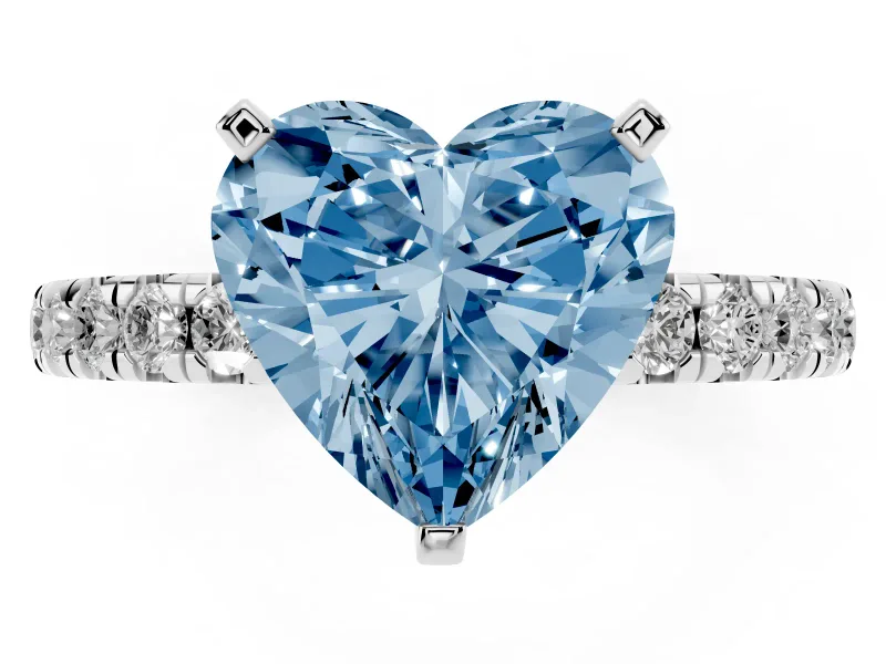 Fancy Blue Heart Cut Diamond Pavé Solitaire Ring Set in Platinum with Round Band and Prong Setting