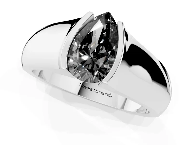 Fancy Black Pear Cut Diamond Bezel Solitaire Ring Set in Silver with Wide Band