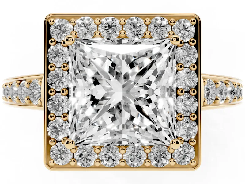 Princess Cut Diamond Halo Pavé Engagement Ring Set in Yellow gold with Bezel Setting