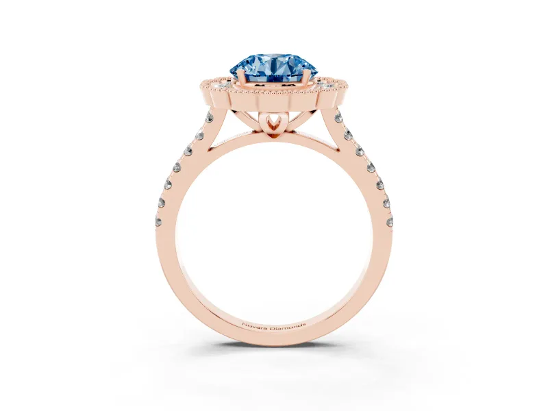 Fancy Blue Round Cut Diamond Milgrain Floral Halo Engagement Ring Set in Rose gold with Pavé Band