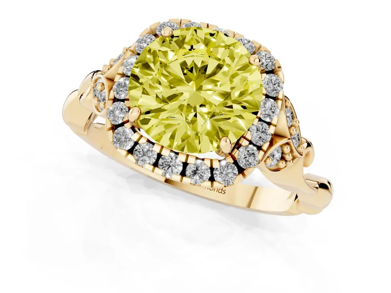Round Vintage Halo Engagement Ring Setting for a Fancy Yellow Lab-Grown Diamond | Yellow Gold