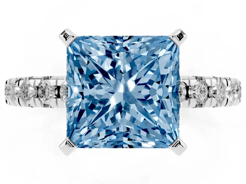 Fancy Blue Princess Cut Diamond Solitaire Pavé Engagement Ring Set in Silver with Round Band and Prong Setting