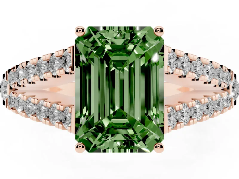 Emerald Cut Graduated Split Shank Engagement Ring Setting for a Fancy Green Lab-Grown Diamond | Rose Gold