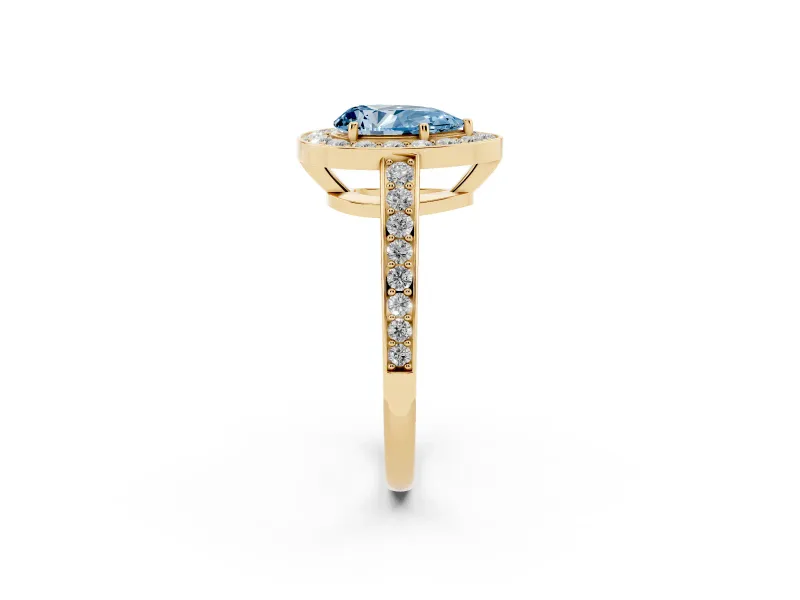 Pear-Shaped Framed Halo Engagement Ring Setting for a Fancy Blue Lab-Grown Diamond | Yellow Gold