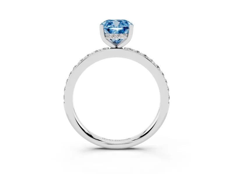 Fancy Blue Cushion Cut Diamond Pavé Band Ring Set in Silver with Prong-Set Center Stone