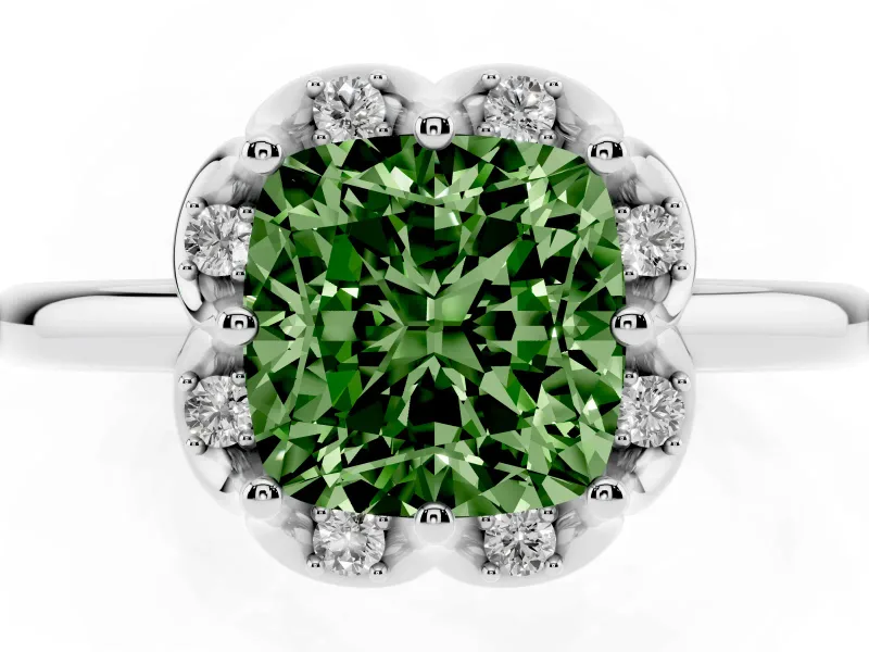 Cushion Cut Petal Halo Engagement Ring Setting for a Fancy Green Lab-Grown Diamond | Sterling Silver