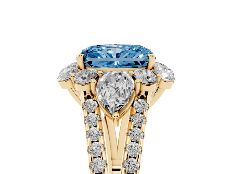 Fancy Blue Radiant Cut Diamond Halo Split Shank Engagement Ring Set in Yellow gold with Prong-Held Center Stone