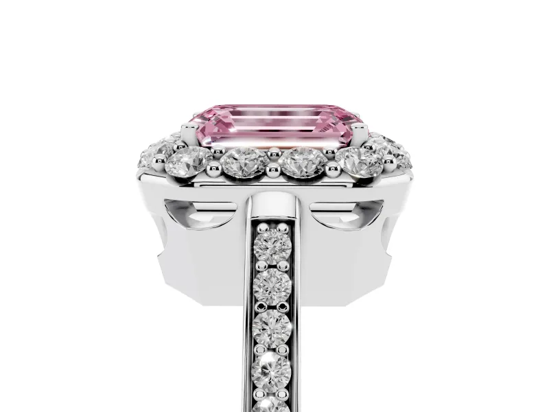 Fancy Pink Emerald Cut Diamond Floral Halo Ring Set in White gold with Pavé Band and Prong Setting