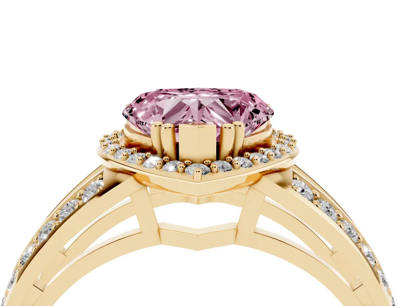 Fancy Pink Heart Cut Diamond Halo Ring Set in Yellow gold with Double Pavé Split Shank