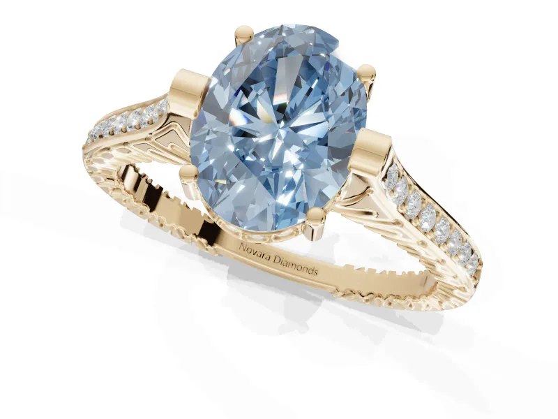 Oval Vintage Cathedral Engagement Ring Setting for a Fancy Blue Lab-Grown Diamond | Carved Band | Yellow Gold